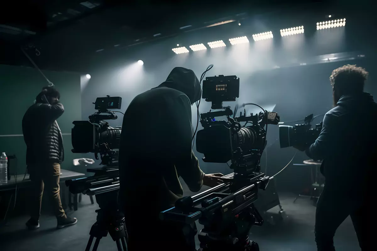 Un groupe de personnes filmant dans une pièce sombre.